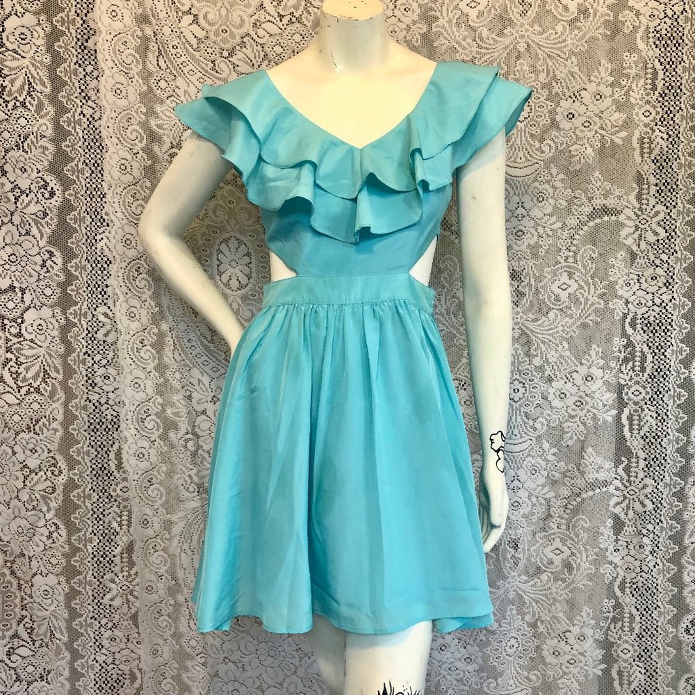 Y2K Blue Ruffle Mini Dress Lyn Around cut out sides Back zip lined Small B1